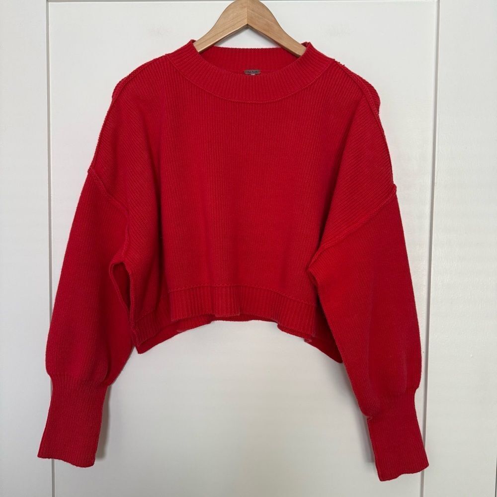 Free People Oversized Sweater Womens Sz S Red Ribbed Cropped Mock Dolman Sleeve